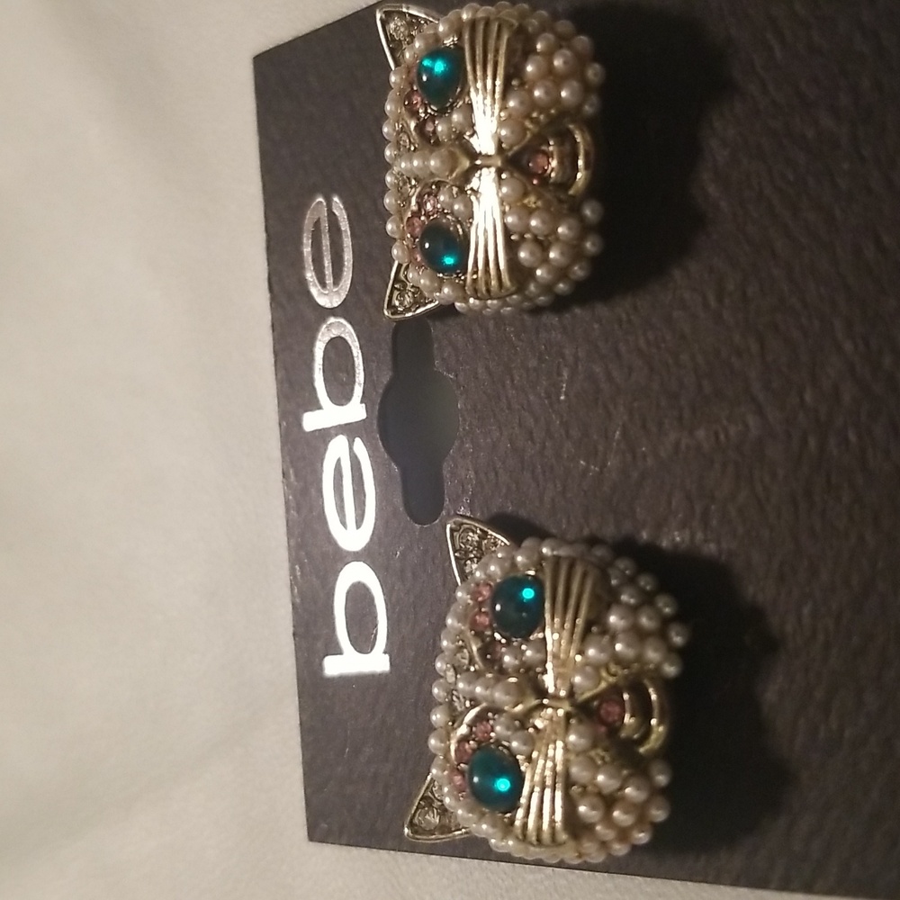Bebe Whimsical Cat's Head Earrings; Faux Pearls and Green Pink and White Stones